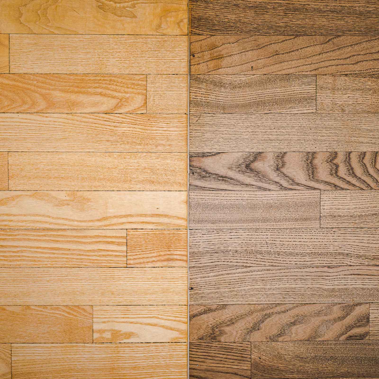 Bild zeigt Vorher/Nachher-Vergleich mit saniertem Holzboden von ROBIA.