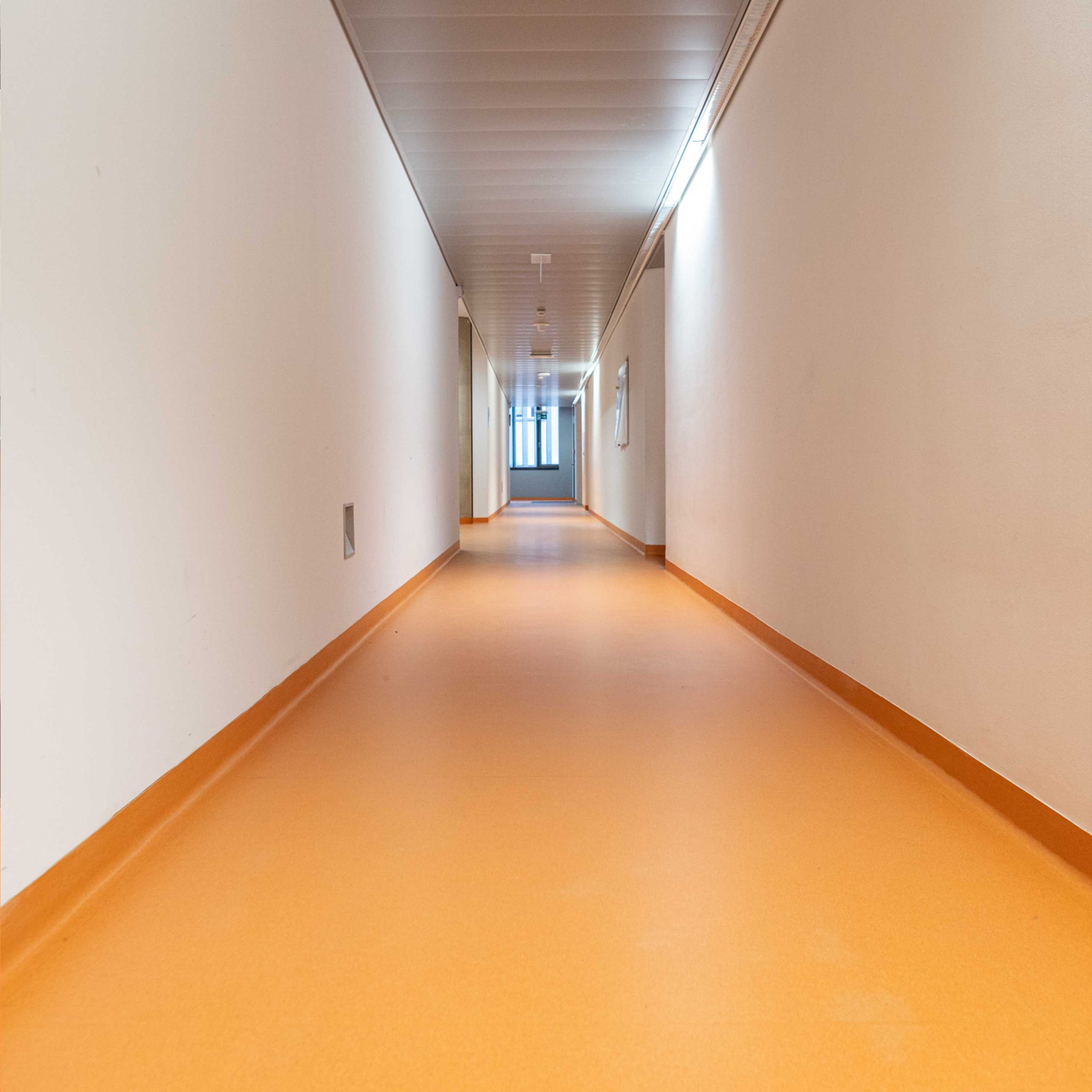 Bild zeigt frisch sanierten orangen Gang der Universität Graz nach der Sanierung des Kunststoffbodens.