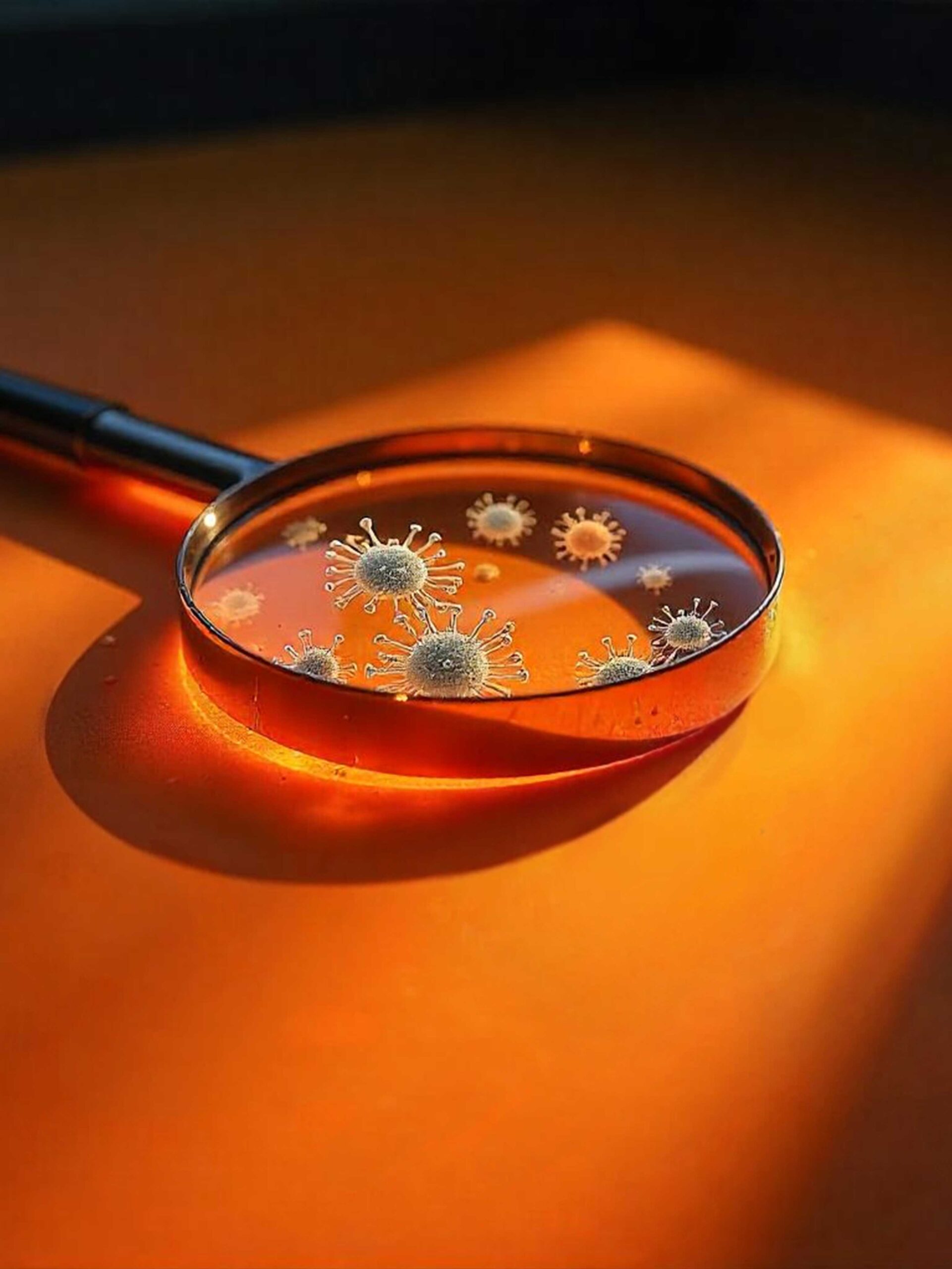 Bild zeigt vermeintlich sauberen, orangen Kunststoffboden, auf dem eine Lupe liegt, in der durch die Vergrößerung Keime & Bakterien zu sehen sind.