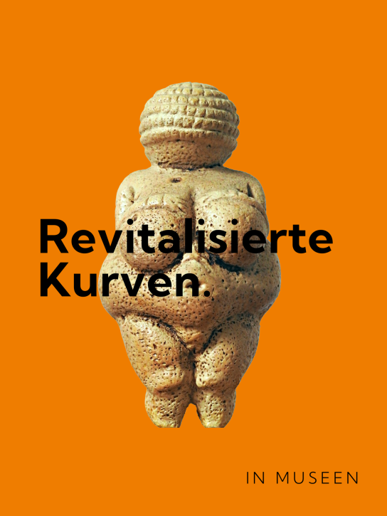 Bild zeigt Grafik mit orangem Hintergrund und Foto von der Skulptur Venus von Willendorf.