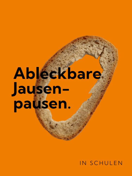 Bild zeigt Grafik mit orangem Hintergrund und Foto von angebissenem Stück Brot.